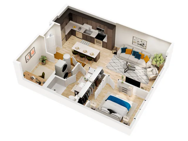 Modern 3D floor plan showcasing a chic apartment with an open kitchen, inviting living area, and cozy bedroom. Features a workspace, stylish furnishings, and ample storage.
