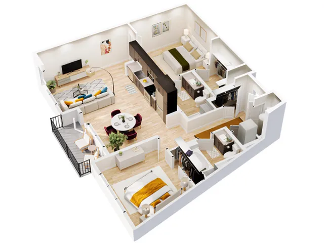 Chic 3D floor plan showcasing a modern apartment with two bedrooms, open-concept living space, sleek kitchen, and cozy balcony.
