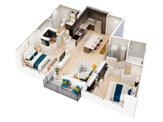 Modern apartment 3D floor plan with two bedrooms, open living area, stylish kitchen, and spacious balcony.