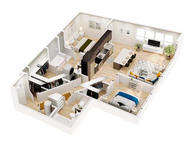 Modern 3D floor plan showcasing 2 bedrooms, a stylish open-concept kitchen and living area, and ample closet space. Ideal for dynamic city living.