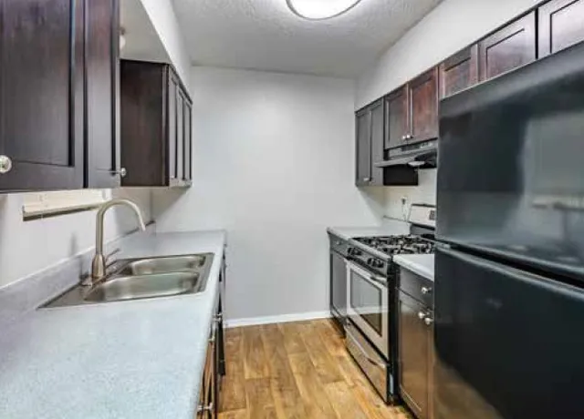 Sleek modern kitchen with dark cabinets, stainless steel appliances, and elegant wood flooring.