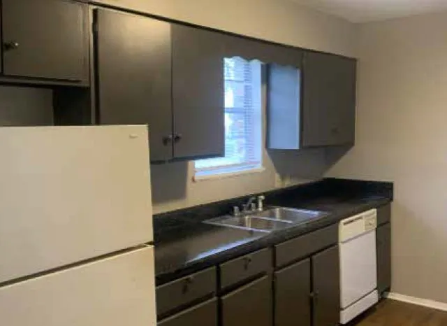 Modern kitchen with dark cabinets, sleek countertops, and ample sunlight.