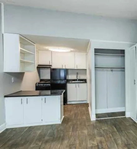 Modern kitchen with sleek black appliances, white cabinetry, and spacious closet, featuring elegant wood flooring.
