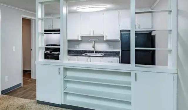 Modern open kitchen with sleek cabinetry, black appliances, and stylish shelving, ideal for contemporary living.