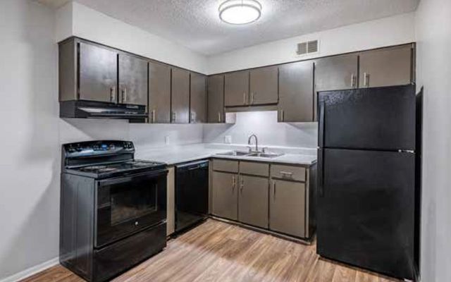 Modern kitchen with sleek black appliances, stylish dark cabinetry, and elegant wooden flooring.