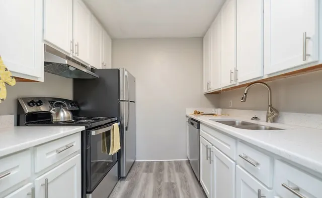 Modern galley kitchen with sleek white cabinetry, stainless steel appliances, and elegant countertops.