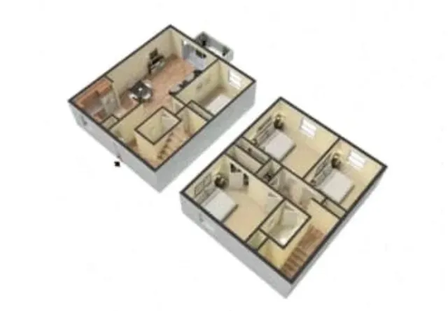 Modern 3D floor plan showcasing a spacious two-story layout with three cozy bedrooms, a sleek kitchen, and an inviting living area, perfect for family living.