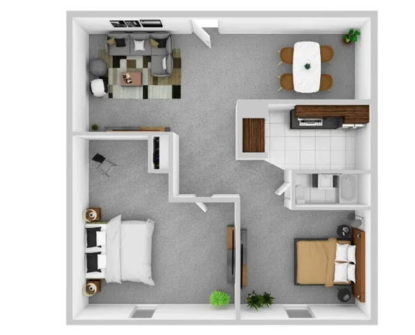 Modern apartment floor plan with two spacious bedrooms, open living and dining area, and a sleek kitchen.