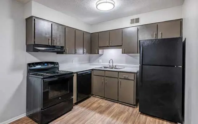 Contemporary kitchen with sleek dark cabinets, modern appliances, and wood flooring.