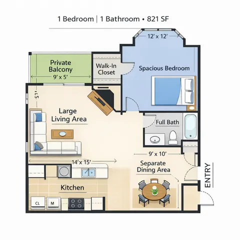 Modern 1 bedroom apartment floor plan showcasing spacious living area, private balcony, and a stylish kitchen, 821 sq ft.
