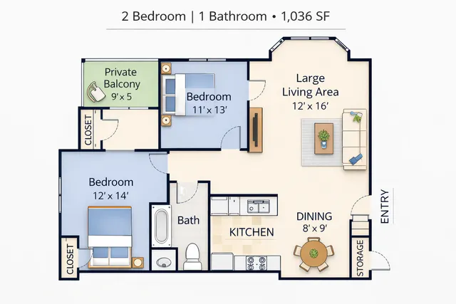 Inviting floor plan of a 2-bedroom apartment with 1 bathroom, featuring a spacious living area, cozy dining space, and private balcony, totaling 1,036 square feet.