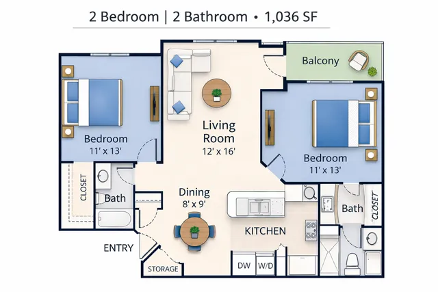 Elegant 2D floor plan featuring 2 bedrooms, 2 bathrooms, an inviting living room, balcony, and modern kitchen, all within 1,036 square feet.