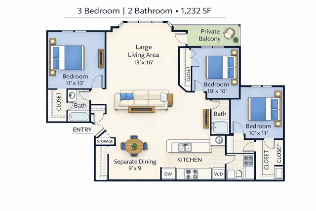 Charming 3-bedroom, 2-bathroom floor plan featuring a spacious living area, separate dining room, and private balcony, spanning 1,232 square feet.