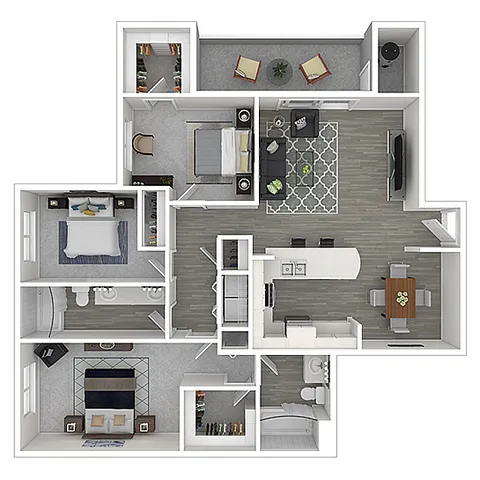 Contemporary 3D apartment floor plan showcasing 2 bedrooms, a modern open-plan living area, a sleek kitchen, and a stylish dining space, designed for optimal comfort and functionality.