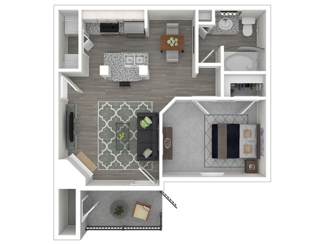Chic open-plan layout with a spacious bedroom, modern kitchen, cozy living area, and luxurious bathroom.