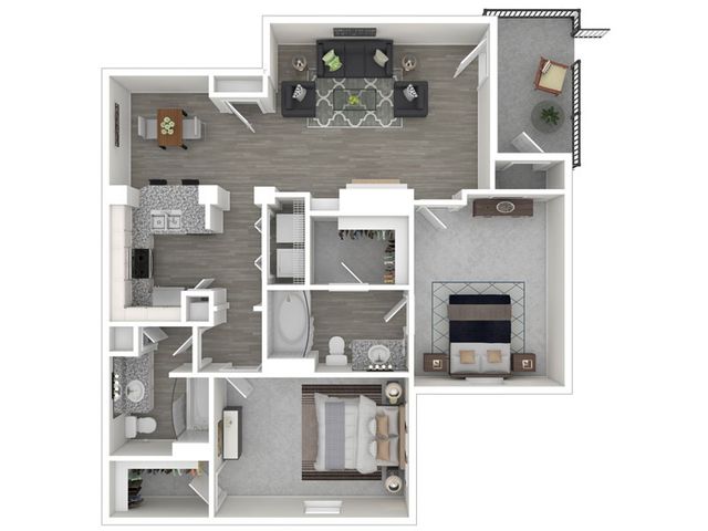 Contemporary 3D floor plan showcasing 2 spacious bedrooms, a modern open-concept living area, and a sleek, fully-equipped kitchen.