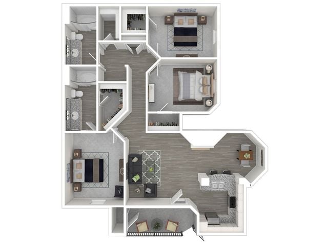 Modern 3-bedroom apartment floor plan with dual bathrooms, open-concept kitchen, and cozy living room, featuring spacious closets and a balcony.