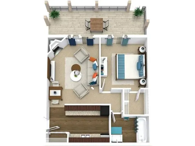 Modern floor plan showcasing 1 bedroom, cozy living area, and open kitchen leading to a stylish balcony.