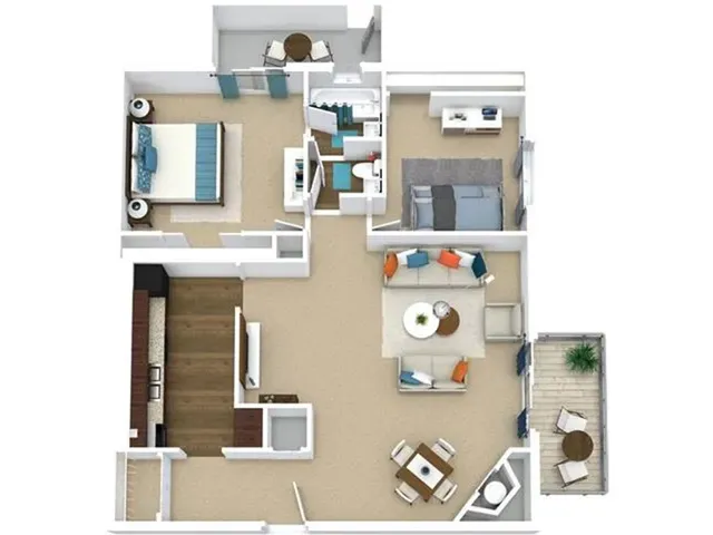 Contemporary 3D apartment floor plan featuring 2 bedrooms, a stylish living area, modern kitchen, and cozy balcony.