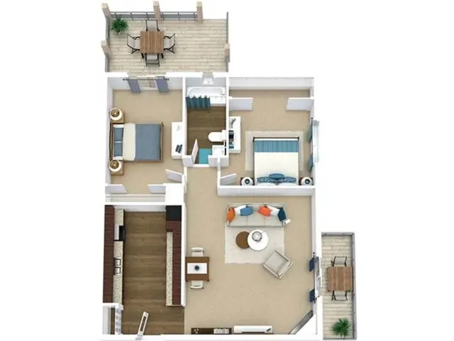 Charming floor plan showcasing two spacious bedrooms, an inviting open living area, and a stylish kitchen with outdoor balconies.