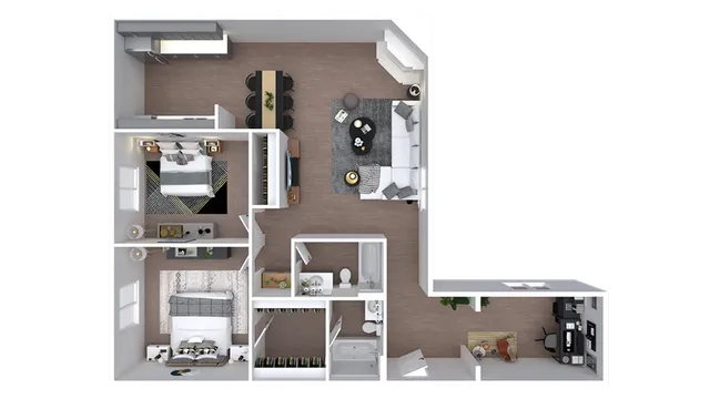 Modern L-shaped 2-bedroom apartment floor plan featuring spacious living room, stylish kitchen, and two elegant bathrooms.