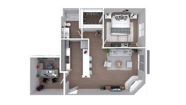 Modern apartment floor plan featuring a spacious bedroom, sleek kitchen with breakfast bar, cozy living room, home office space, and a luxurious bathroom.