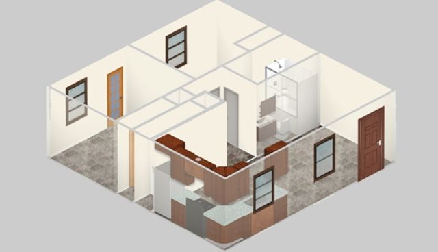 Modern 3D floor plan showcasing a stylish kitchen, cozy living area, and elegant bathroom layout.