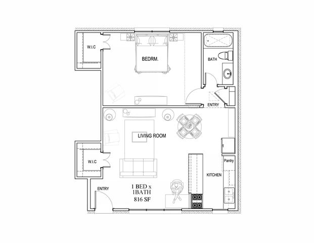 Modern floor plan displaying 1 bedroom, spacious living room, and functional kitchen within 816 sq ft.