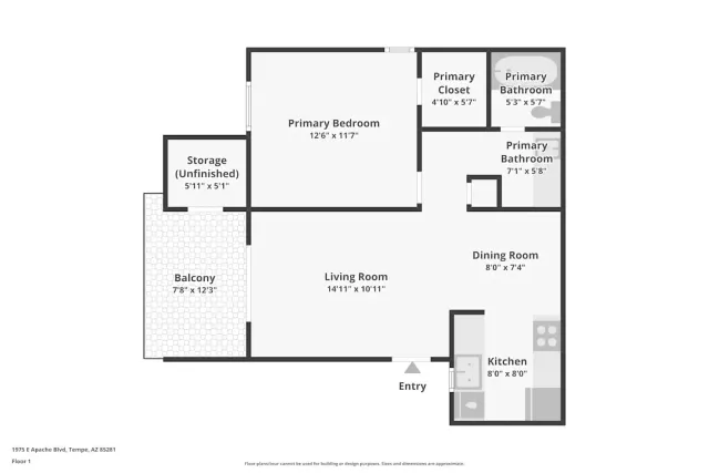 1 Bedroom- Private Patio Floorplan
