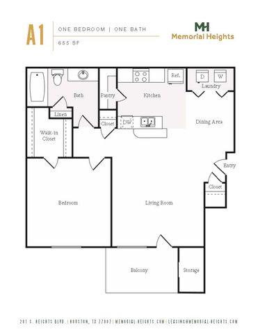 Modern A1 floor plan showcasing a cozy one-bedroom, one-bath apartment with 655 sq ft, featuring a stylish kitchen, spacious living room, dining area, and a private balcony at Memorial Heights.