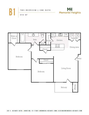Contemporary B1 floor plan at Memorial Heights featuring 2 bedrooms, a modern kitchen, inviting living room, and balcony, spread across 818 sq ft.