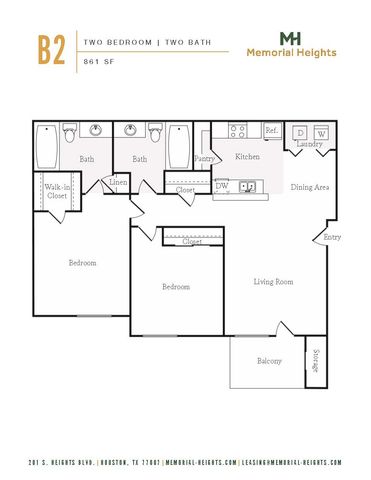 B2 floor plan at Memorial Heights showcasing two bedrooms, two baths, spacious living area, open kitchen, and private balcony in 861 sq ft.