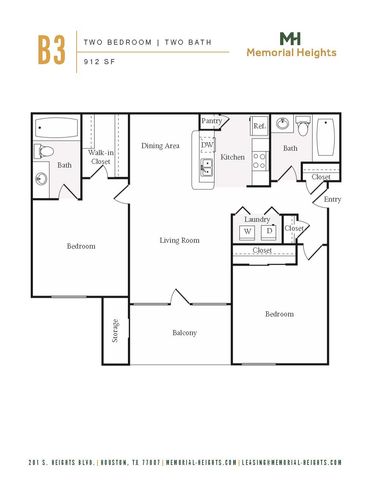 Modern Memorial Heights floor plan offering 2 bedrooms, 2 baths, open living dining area, stylish kitchen, and a private balcony across 912 sq ft.