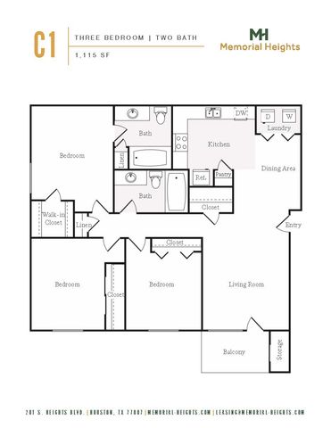 Contemporary C1 floor plan with 3 bedrooms and 2 baths, featuring an open kitchen, walk-in closet, and balcony at Memorial Heights, 1,115 SF.