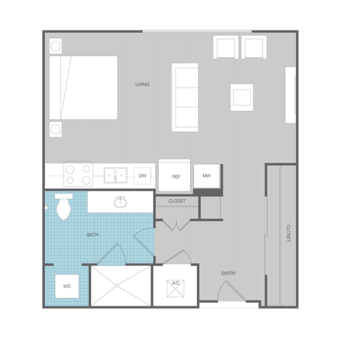 Modern studio apartment floor plan with open living area, compact kitchen, and stylish bathroom.
