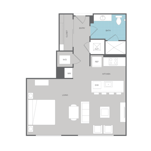 Modern studio apartment floor plan with an open living area, efficient kitchen, and a well-designed bathroom.