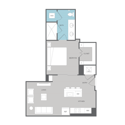 Modern floor plan featuring a spacious bedroom, open-concept living and kitchen area, and a sleek bathroom with washer/dryer unit.
