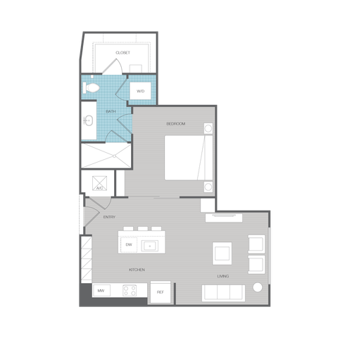 Modern apartment floor plan featuring a cozy bedroom, a stylish living area, and a well-equipped kitchen with island. Includes a bathroom, closet, and washer/dryer for convenience.