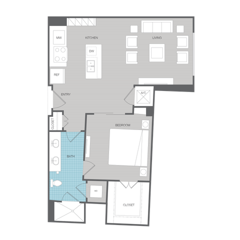 Contemporary floor plan featuring 1 bedroom, spacious kitchen, open living area, and modern bath for efficient urban living.