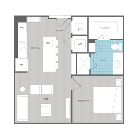 Modern 1-bedroom apartment floor plan featuring an open-concept kitchen and living area, spacious bathroom, and ample closet space.