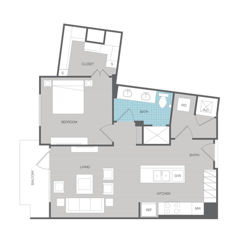 Modern 1-bedroom apartment floor plan featuring an open-concept living and kitchen area, spacious bathroom, and private balcony.