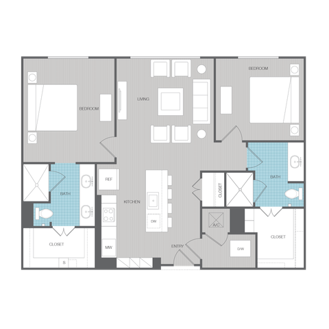 Contemporary floor plan with 2 spacious bedrooms, modern open-concept living area, and sleek kitchen. Includes 2 elegant bathrooms and generous closet space.