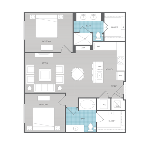Elegant floor plan showcasing two spacious bedrooms, two modern baths, an expansive living area, and a sleek kitchen with dining space.