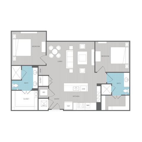 Modern 2D floor plan with 2 bedrooms, 2 bathrooms, an open-plan kitchen, and spacious living area featuring stylish design elements.