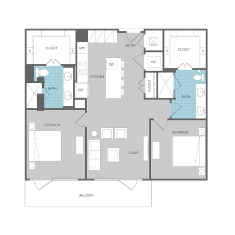 Modern 2D floor plan featuring 2 bedrooms, a spacious living area, and a sleek kitchen with a central island, complemented by two stylish bathrooms and a generous balcony.