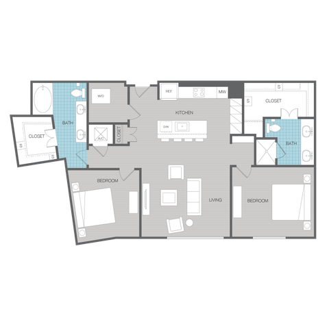 Modern 2D floor plan showcasing 2 spacious bedrooms, an elegant open-concept kitchen and living area, with luxurious bathrooms and ample closet space.
