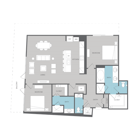 Modern floor plan showcasing 2 spacious bedrooms, a sleek open-plan living and dining area, and a well-equipped kitchen with a large island, complete with a balcony and two stylish bathrooms.