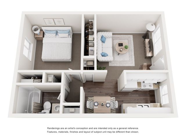 3D floor plan displaying a 1-bedroom apartment with an inviting living room and modern kitchen.