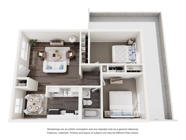 Elegant 3D floor plan of an urban apartment featuring two bedrooms, an open living area, and a modern kitchen.