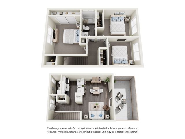 3D floor plan showcasing a stylish two-story apartment with three bedrooms, open kitchen-living area, and private balcony.